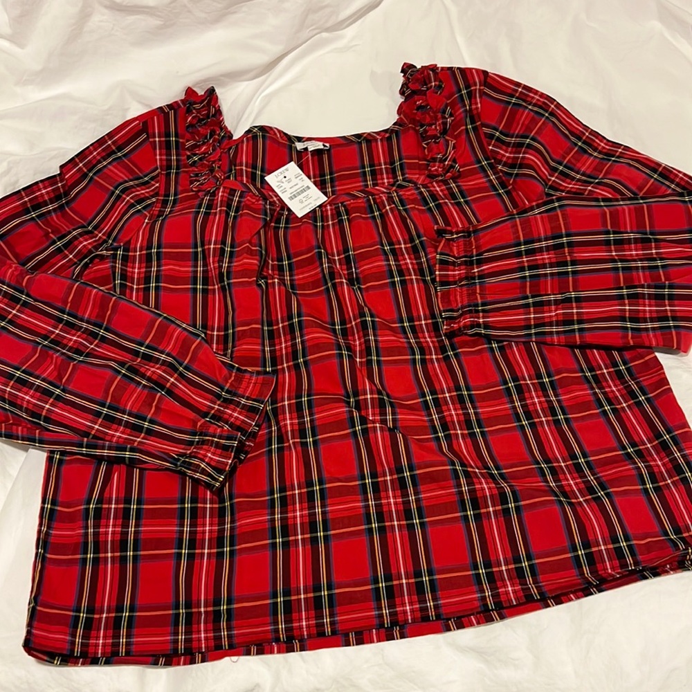 JCrew Factory Cotton poplin tartan squareneck ruffle top